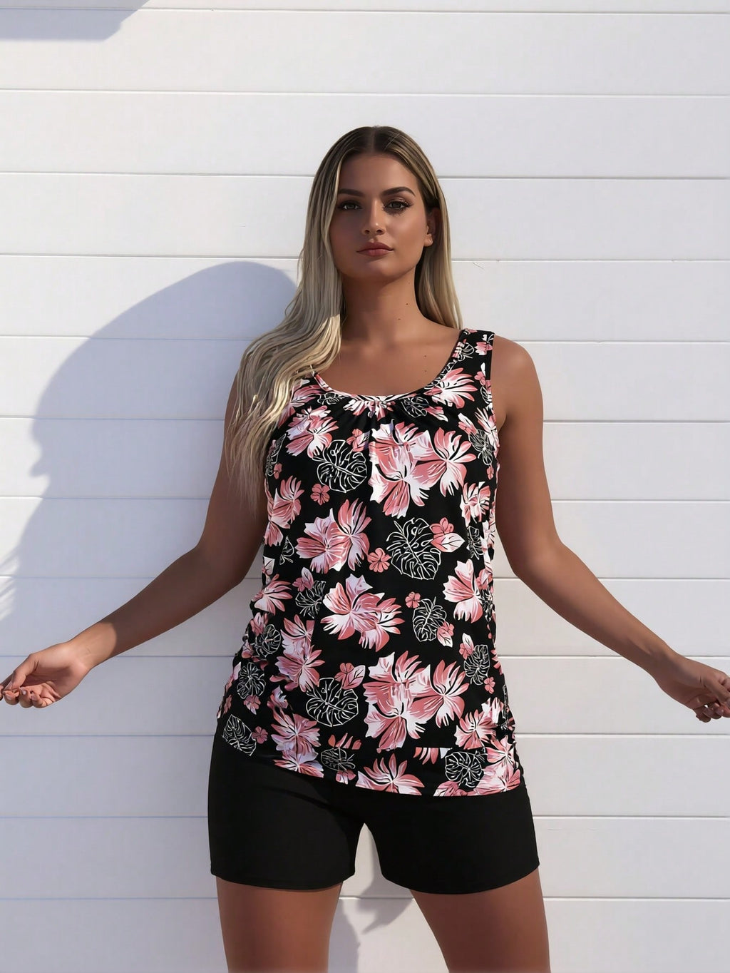 2026 New Fashion Swimsuit Women's Black Tropical Floral Print Loose Tankini + Black Boyshort Set for Beach Vacation, Modest & Slim Fit