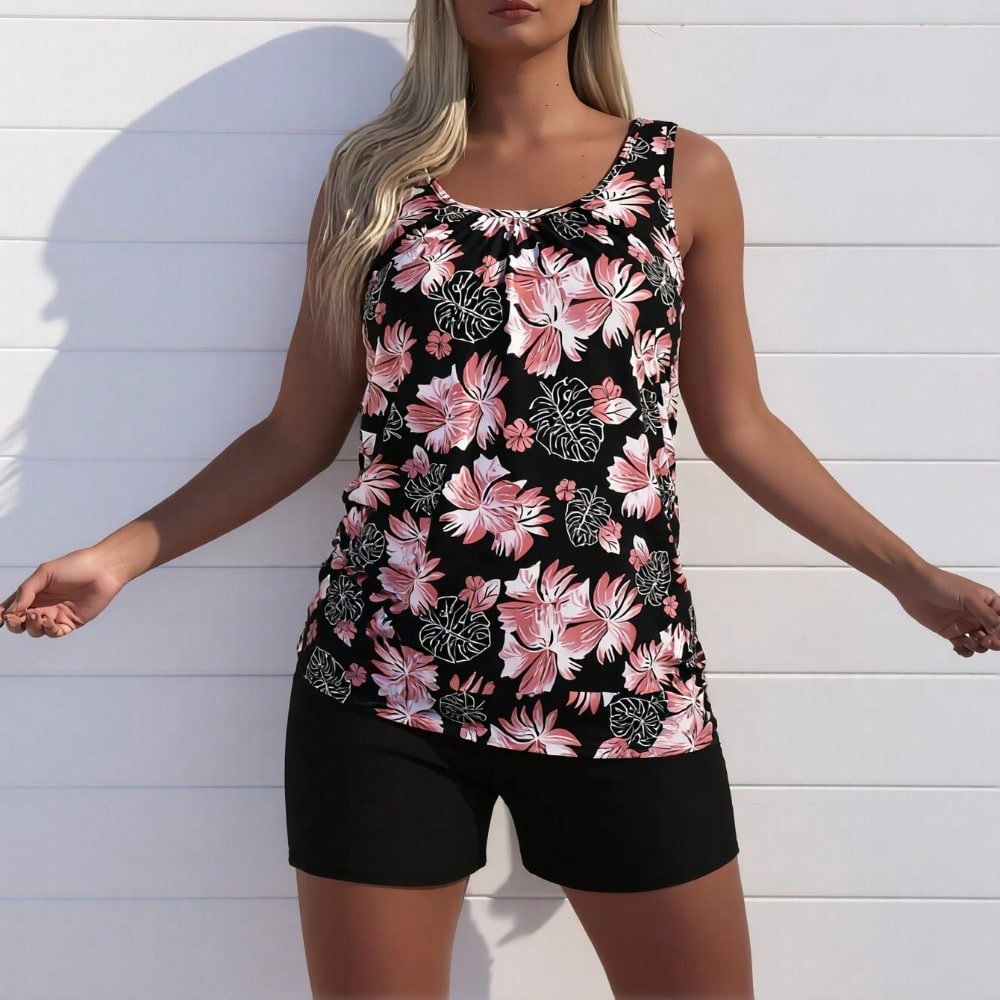 2026 New Fashion Swimsuit Women's Black Tropical Floral Print Loose Tankini + Black Boyshort Set for Beach Vacation, Modest & Slim Fit