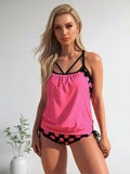 2026 New Women's Tankini Set: Bright Pink Ruched Top, Black & Pink Polka Dot Accents, Matching Polka Dot Swim Shorts, Playful Beach Style