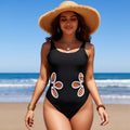 2026 New Women's One-Piece Swimsuit: Solid Black, White Floral Cutout Side Detail, Scoop Neck, High-Cut Leg, Chic Beach Style