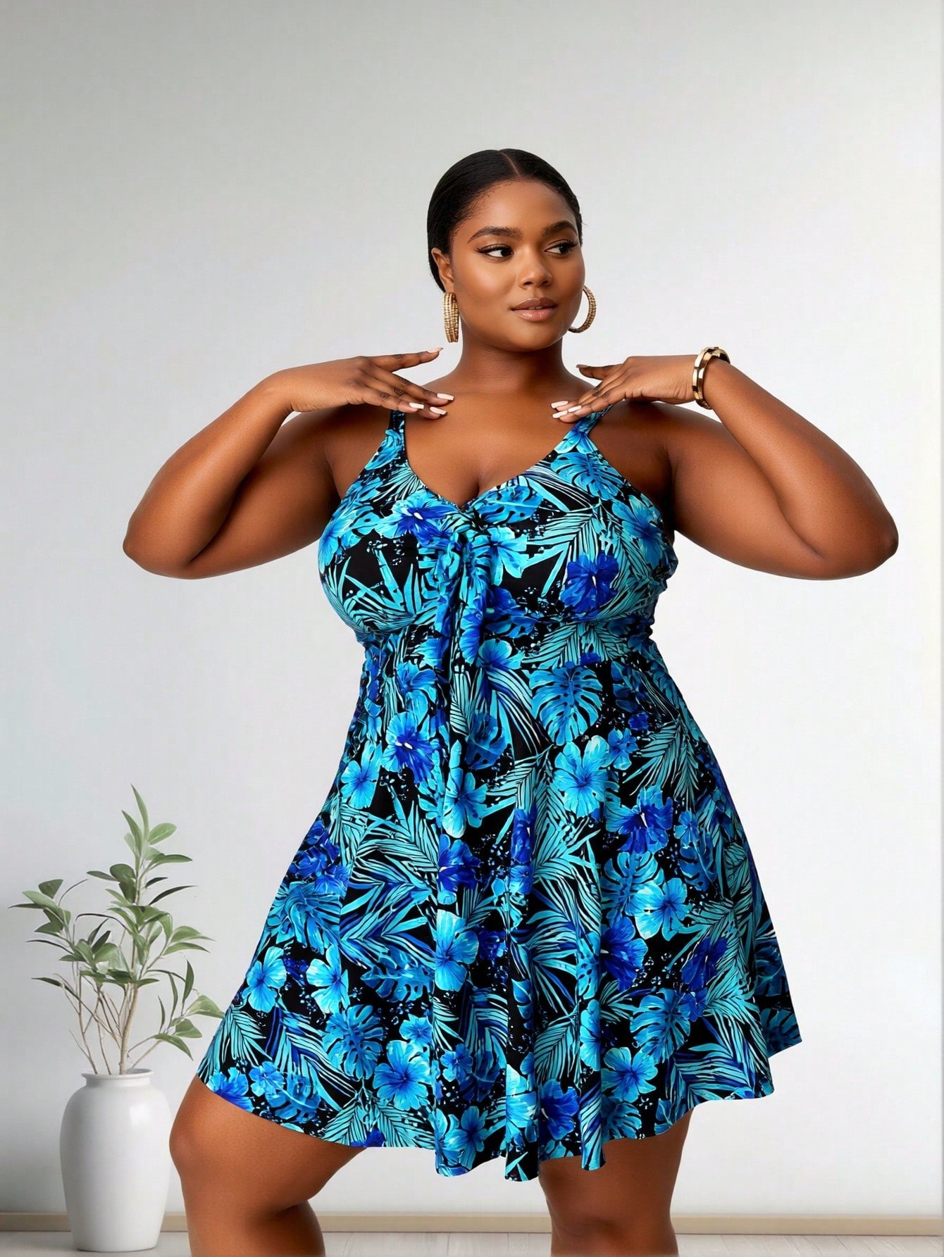 2026 New Plus Size Swimsuit Women's Black with Blue-Green Tropical Floral Print Spaghetti Strap Swimdress for Beach Vacation, Modest & Slim Fit