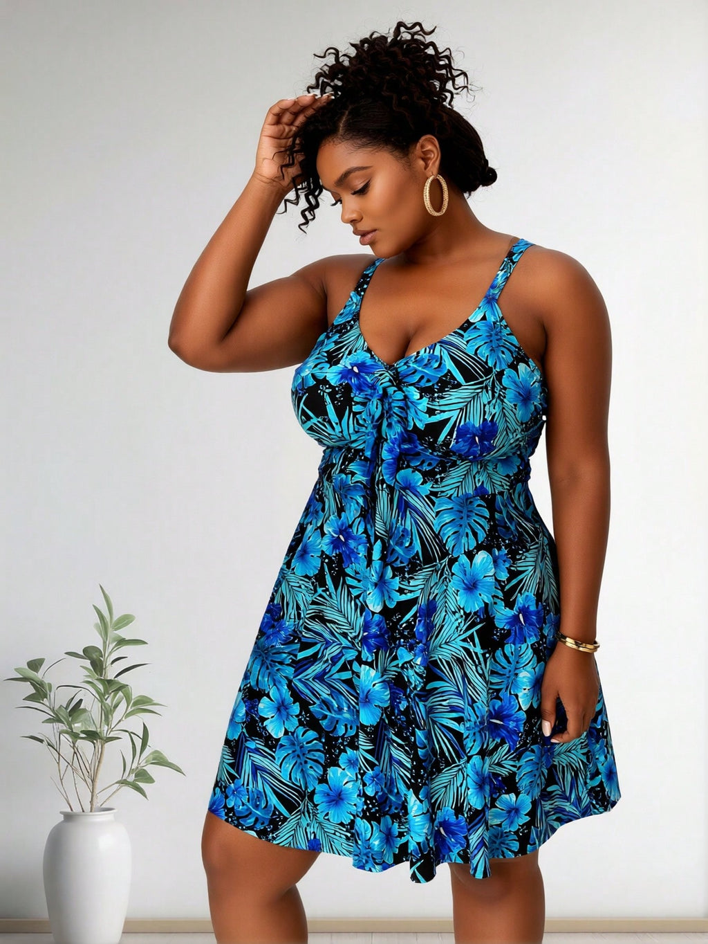 2026 New Plus Size Swimsuit Women's Black with Blue-Green Tropical Floral Print Spaghetti Strap Swimdress for Beach Vacation, Modest & Slim Fit