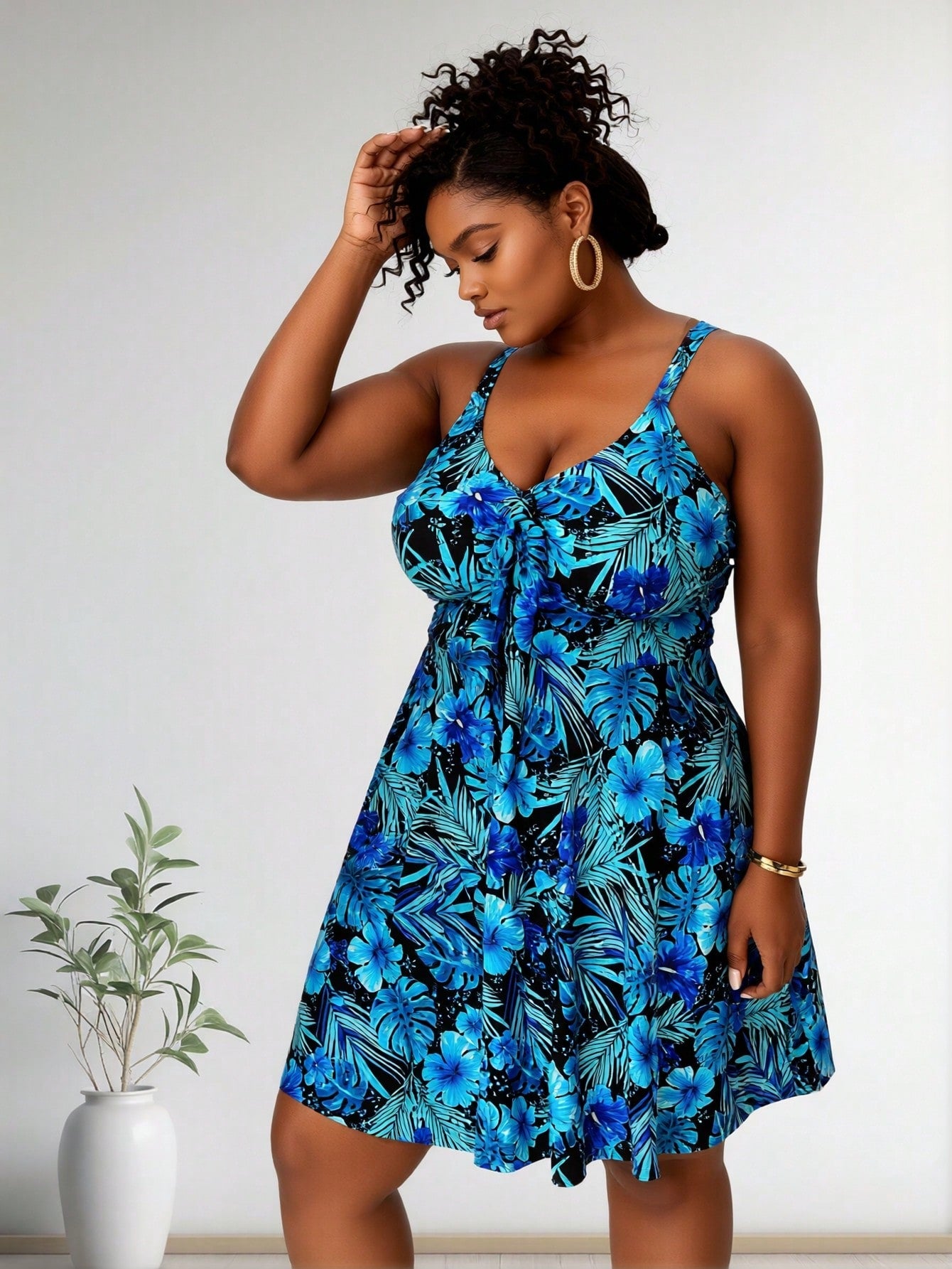 2026 New Plus Size Swimsuit Women's Black with Blue-Green Tropical Floral Print Spaghetti Strap Swimdress for Beach Vacation, Modest & Slim Fit