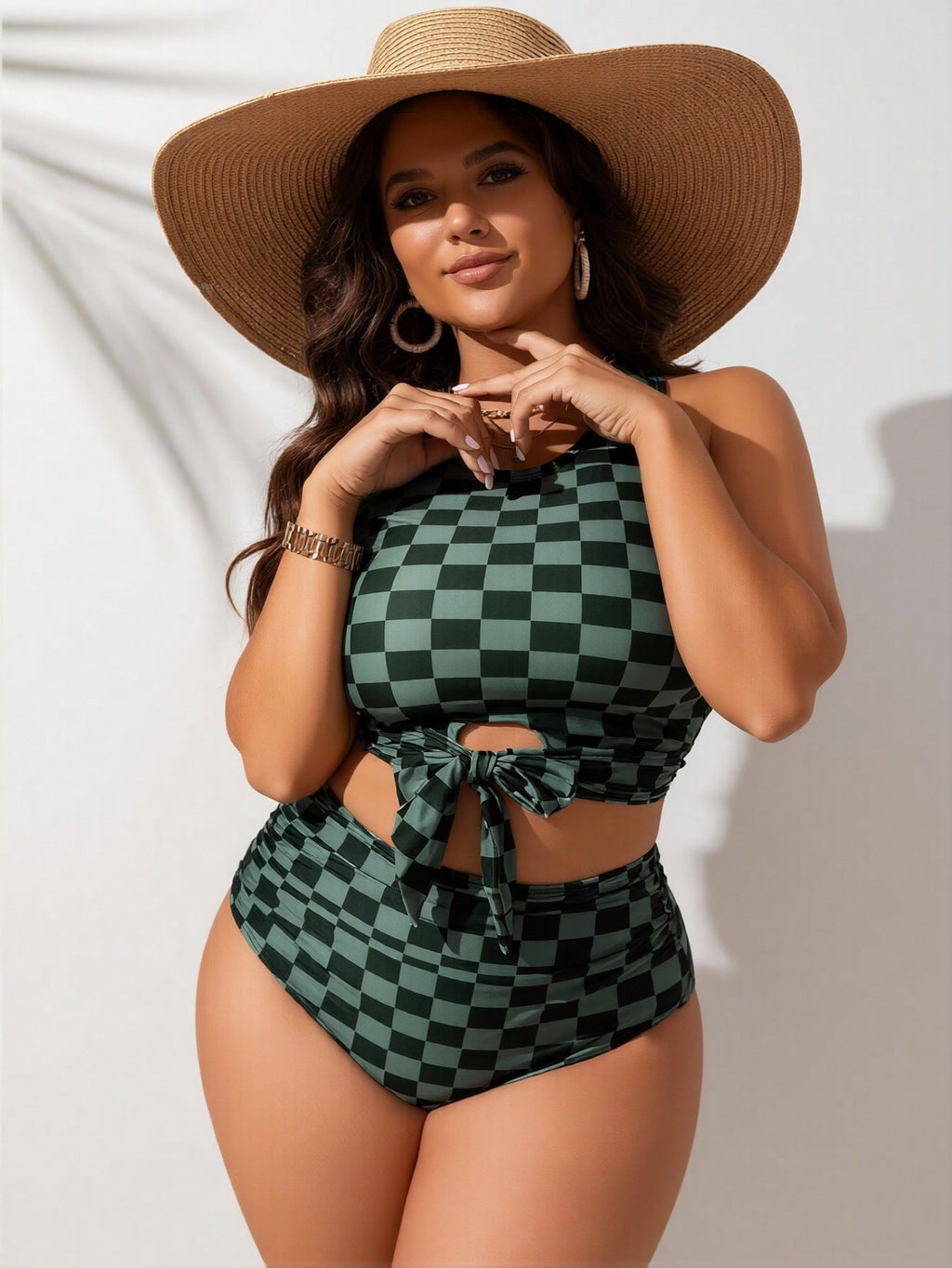2026 Vacation Style Plus Size Tankini: Trendy Checkerboard Print with Tie-Front Detail for a Stylish and Modest Beach Look