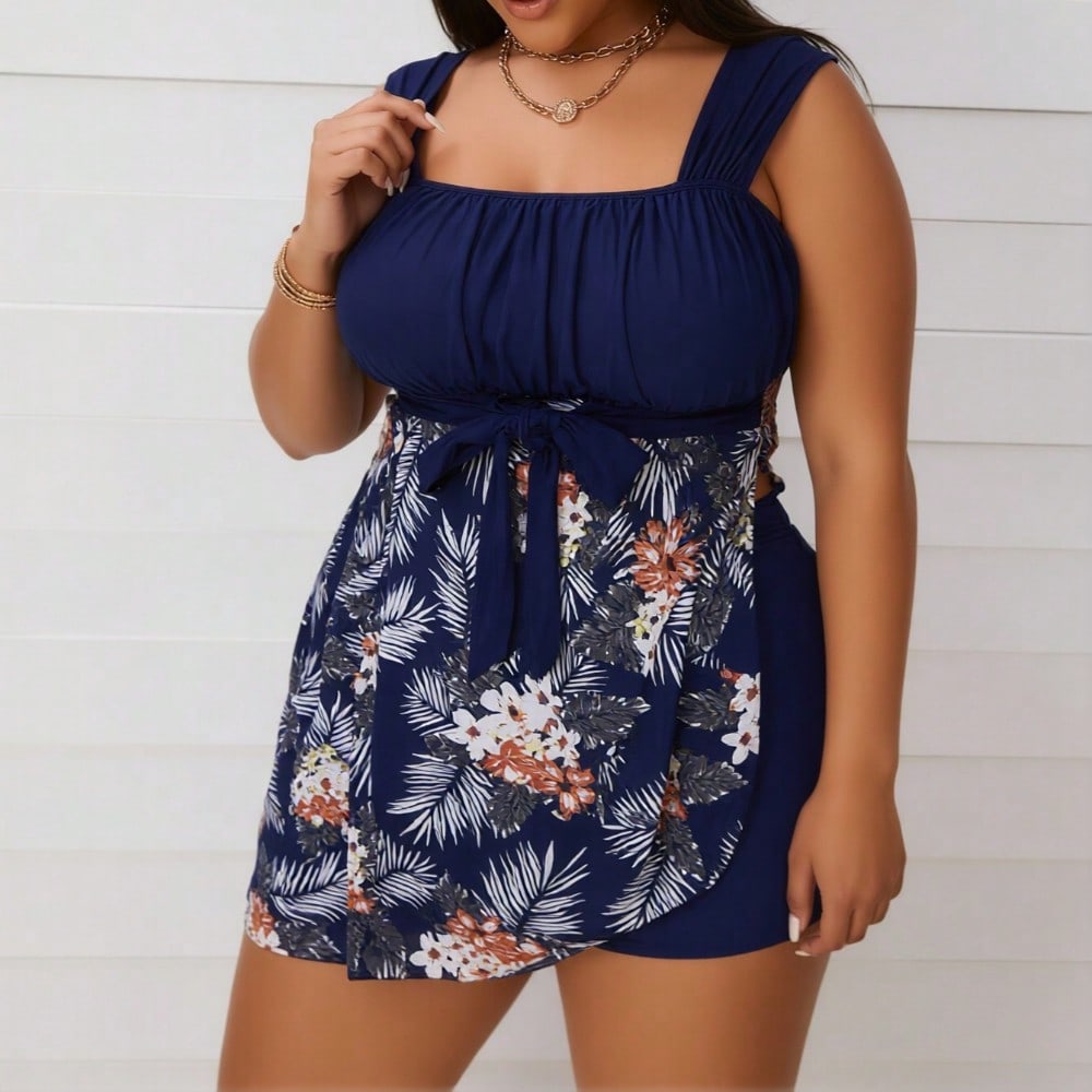 2026 New Plus Size Swimsuit Women's Navy Floral Print Tie-Front Swimdress Set for Beach Vacation, Modest & Slim Fit