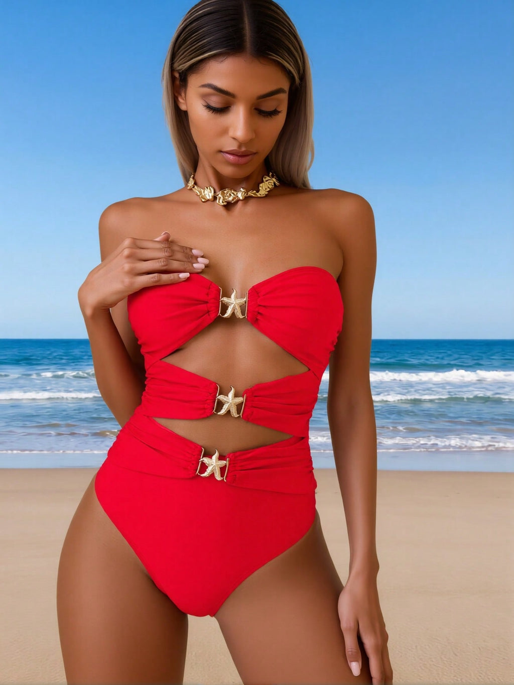 2026 New Sexy Bandeau One-Piece Swimsuit Women's Red Starfish Charm Cutout Bathing Suit For Beach Vacation, Push-Up & Slim Fit