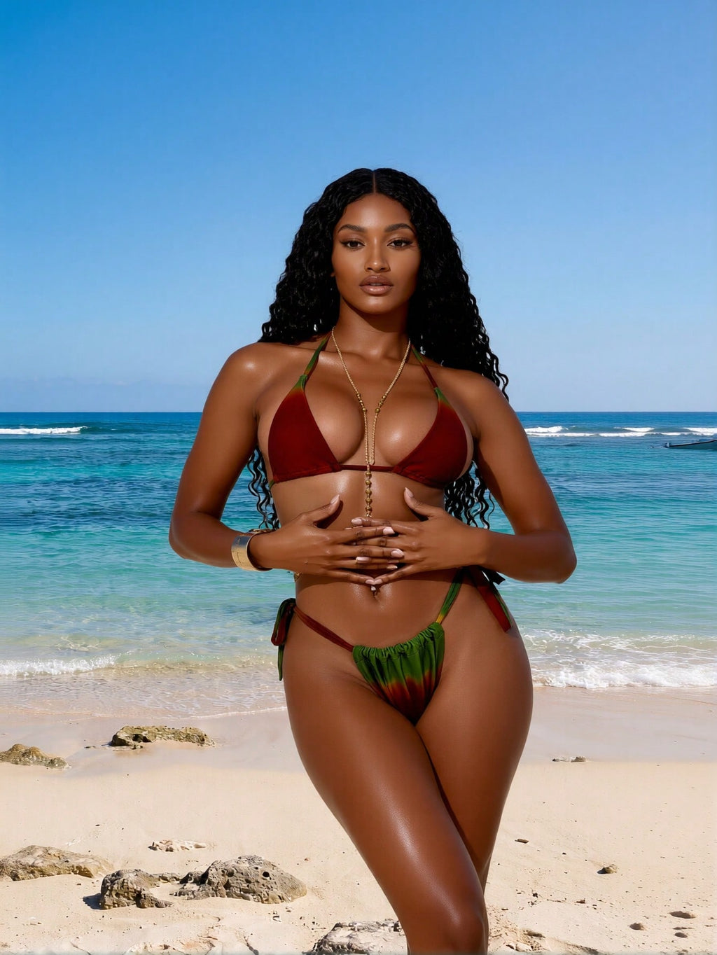 2026 New Trendy Bikini Set Women's Red-Green Gradient Halter Two-Piece Swimsuit with Body Chain for Beach Vacation, Sexy & Flattering