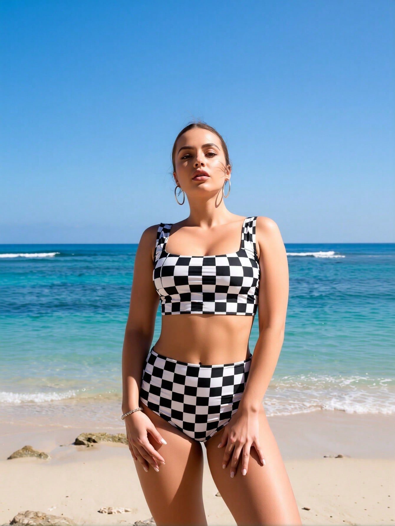 2026 New Women's Bikini Set: Black & White Checkerboard Print, Square Neck Crop Top, High-Waist Bottoms, Retro Beach Style