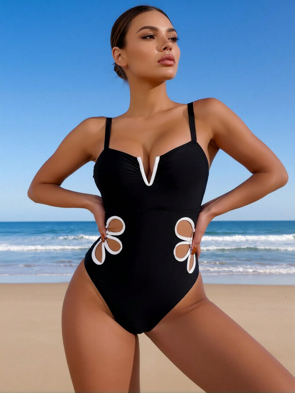 2026 New Women's One-Piece Swimsuit: Solid Black, Deep V-Neck, White Floral Cutout Side Detail, Sweetheart Neckline, Chic Beach Style