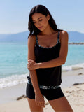 2026 New Women's Tankini Set: Solid Black Loose Tank Top, Matching Boyshorts, Blue Floral Trim Accent, Modest Beach Style