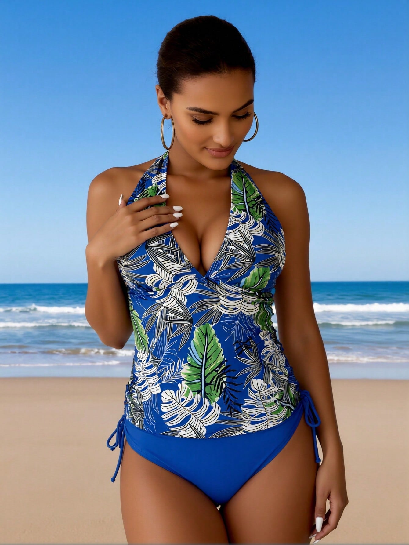 2026 New Tropical Print Tankini Set Women's Blue Green Leaf Halter Top + Solid Blue Bottoms For Beach Vacation, Modest & Slim Fit