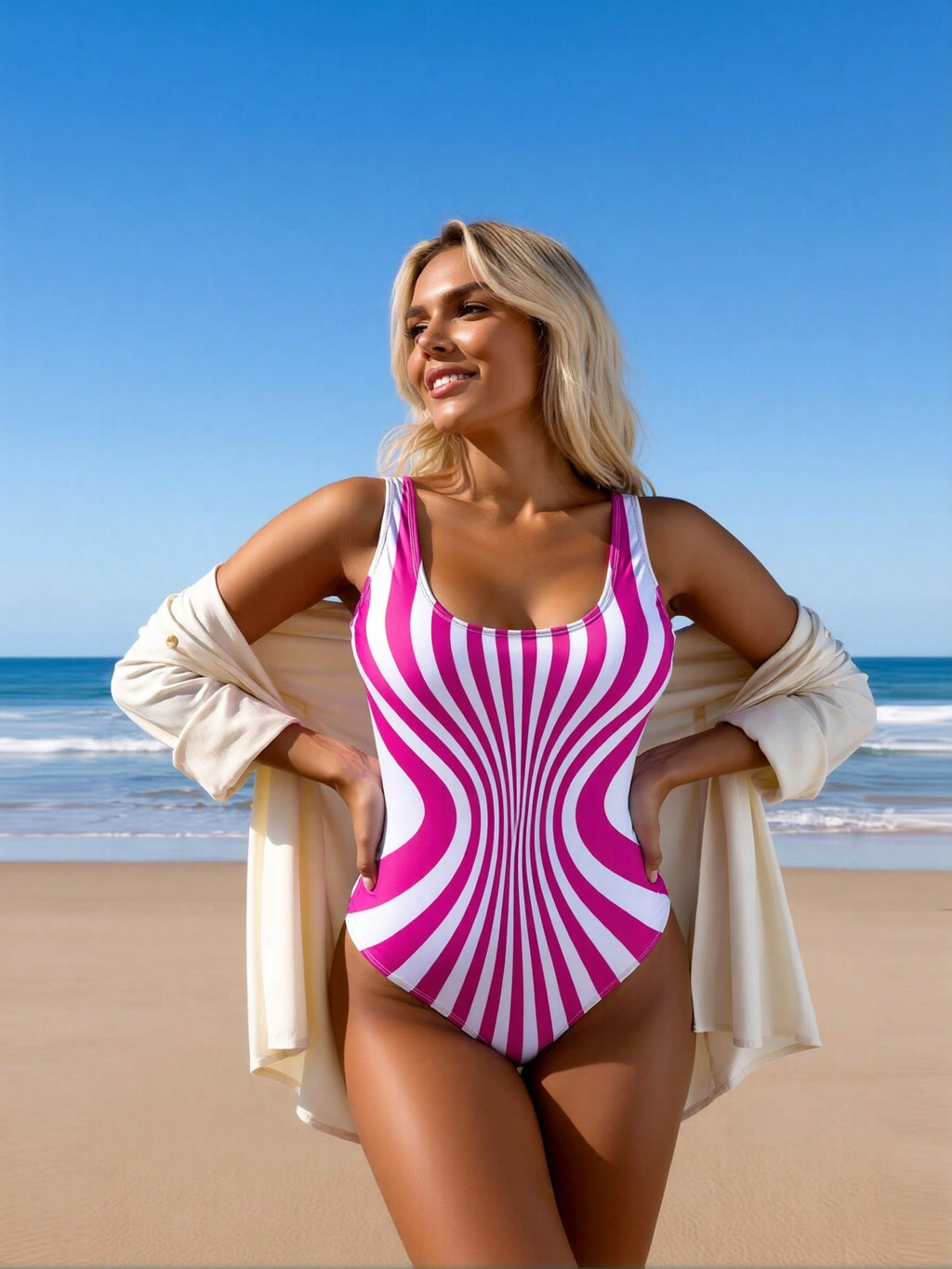 2026 New Trendy One-Piece Swimsuit Women's Pink & White Swirl Stripe Slimming Bathing Suit for Pool Party, Tummy Control & Flattering