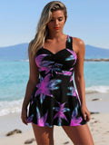 2026 New Women's Swimdress: Black Base with Neon Pink & Blue Palm Leaf Print, Sweetheart Neck, Tie Front, Flared Skirt, Modest Beach Style