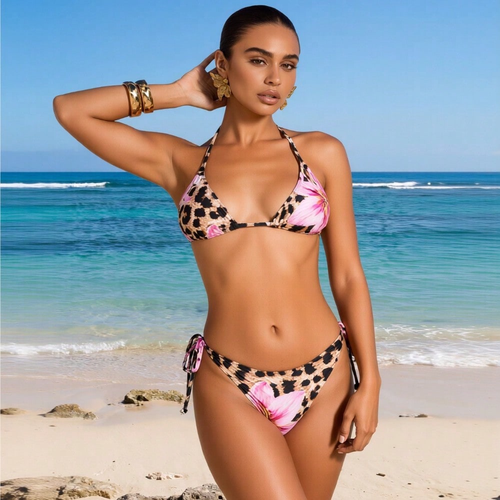 2026 New Tropical Print Bikini Set Women's Leopard & Floral Triangle Two-Piece Swimsuit for Beach Vacation, Sexy & Flattering