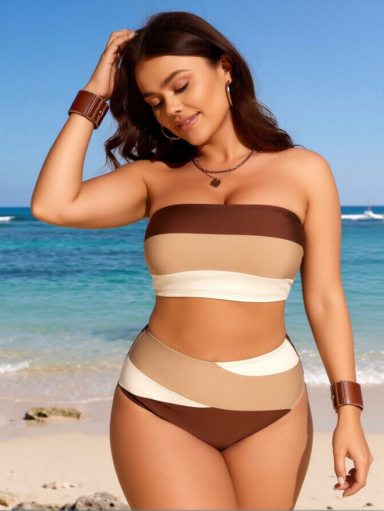 2026 New Women's Plus Size Bikini Set: Brown & Beige Color Block, Bandeau Top, High-Waist Bottoms, Retro Beach Style