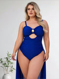 2026 New Plus Size Royal Blue One-Piece Swimsuit Women's Cutout Ruched Tummy Control Bathing Suit With Gold Accent For Beach Vacation, Push-Up & Slim Fit