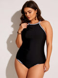 2026 New Women's Plus Size Tankini Set: Black Halter Top, Zigzag White Trim, High Coverage Bottoms, Modest Swimwear