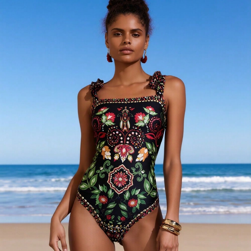 2026 New Women's One-Piece Swimsuit: Boho Floral Print, Square Neck, Ruffle Straps, High-Cut Legs, Bohemian Beach Style
