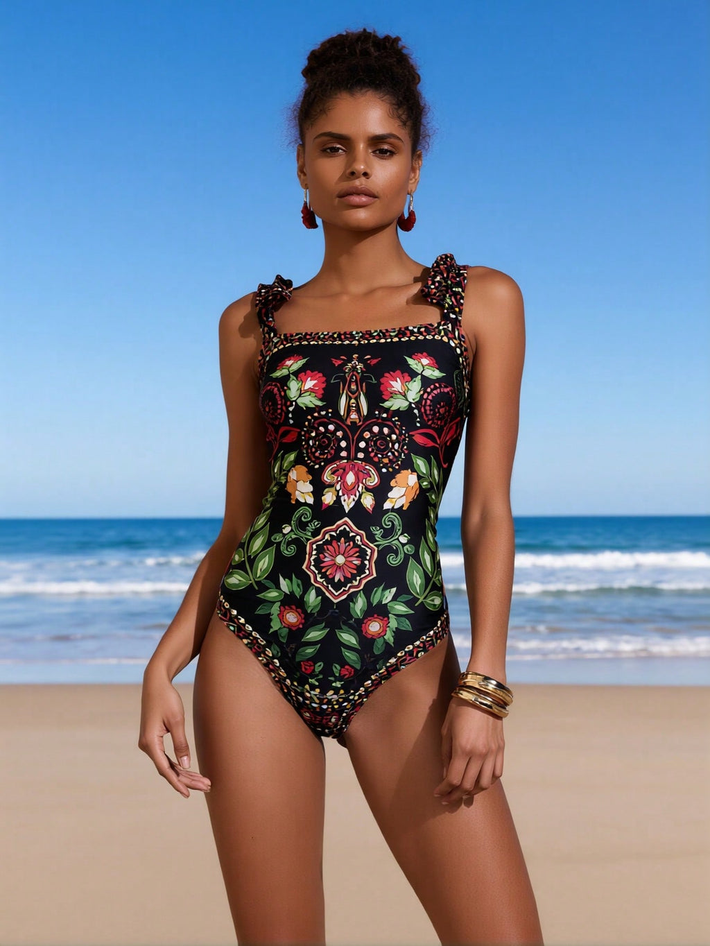 2026 New Women's One-Piece Swimsuit: Boho Floral Print, Square Neck, Ruffle Straps, High-Cut Legs, Bohemian Beach Style