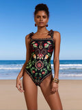 2026 New Women's One-Piece Swimsuit: Boho Floral Print, Square Neck, Ruffle Straps, High-Cut Legs, Bohemian Beach Style
