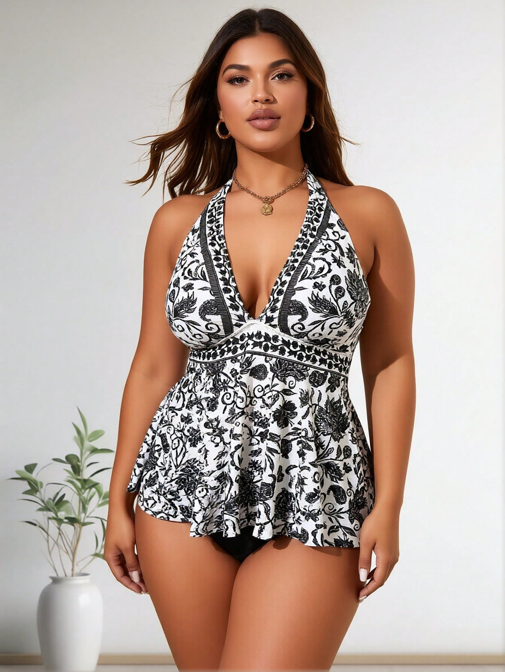 2026 New Women's Plus Size Swimdress: Black & White Floral Print, Halter Neck, Ruffled Hem, Tummy Control, Modest Style