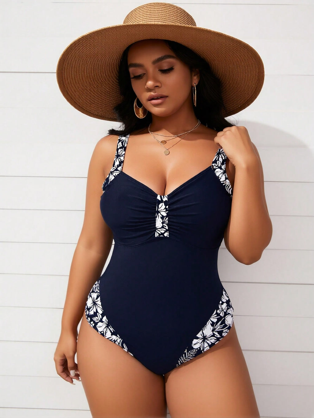 2026 New Women's Plus Size One-Piece: Navy Blue, White Floral Trim, Ruched Front, Sweetheart Neck, Tummy Control Swimwear