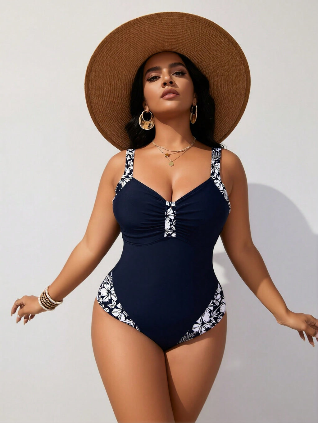2026 New Women's Plus Size One-Piece: Navy Blue, White Floral Trim, Ruched Front, Sweetheart Neck, Tummy Control Swimwear