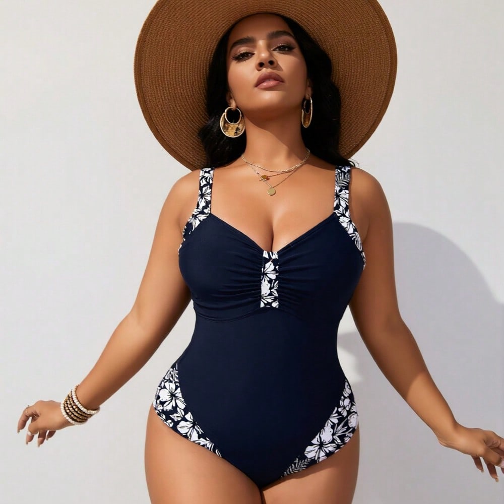 2026 New Women's Plus Size One-Piece: Navy Blue, White Floral Trim, Ruched Front, Sweetheart Neck, Tummy Control Swimwear