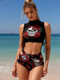 2026 New Gothic Skull & Rose Print Bikini Set Women's High Neck Sleeveless Top + Cutout High-Waisted Bottoms for Beach Vacation, Edgy & Slim Fit