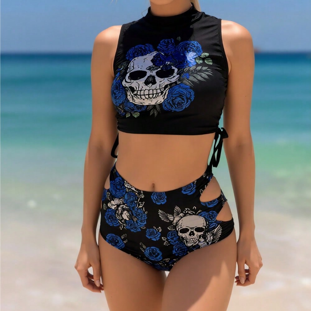 2026 New Gothic Skull & Blue Rose Print Bikini Set Women's High Neck Sleeveless Top + Cutout High-Waisted Bottoms for Beach Vacation, Edgy & Slim Fit