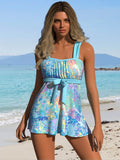 2026 New Watercolor Print Swimdress Set Women's Light Blue Tie-Waist Tummy Control Tankini Top for Beach Vacation, Slim & Flattering
