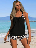 2026 New Tropical Floral Tankini Set Women's Black Cami Top + Printed Boyshort Bottoms for Beach Vacation, Modest & Slim Fit