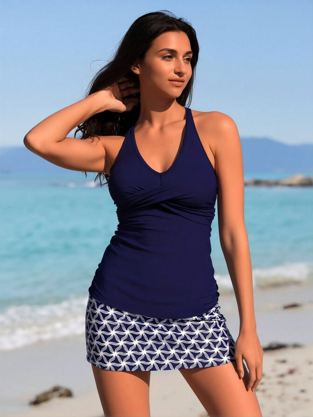 2026 New Geometric Print Tankini Set Women's Navy Cross Front Cami Top + Printed Skirted Bottoms for Beach Vacation, Modest & Slim Fit