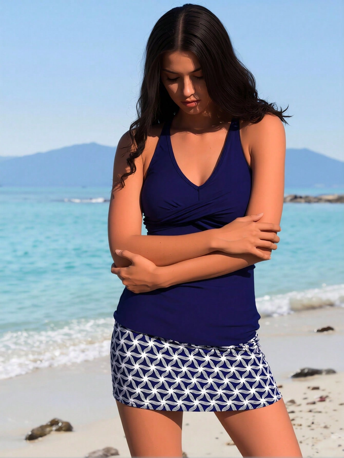 2026 New Geometric Print Tankini Set Women's Navy Cross Front Cami Top + Printed Skirted Bottoms for Beach Vacation, Modest & Slim Fit