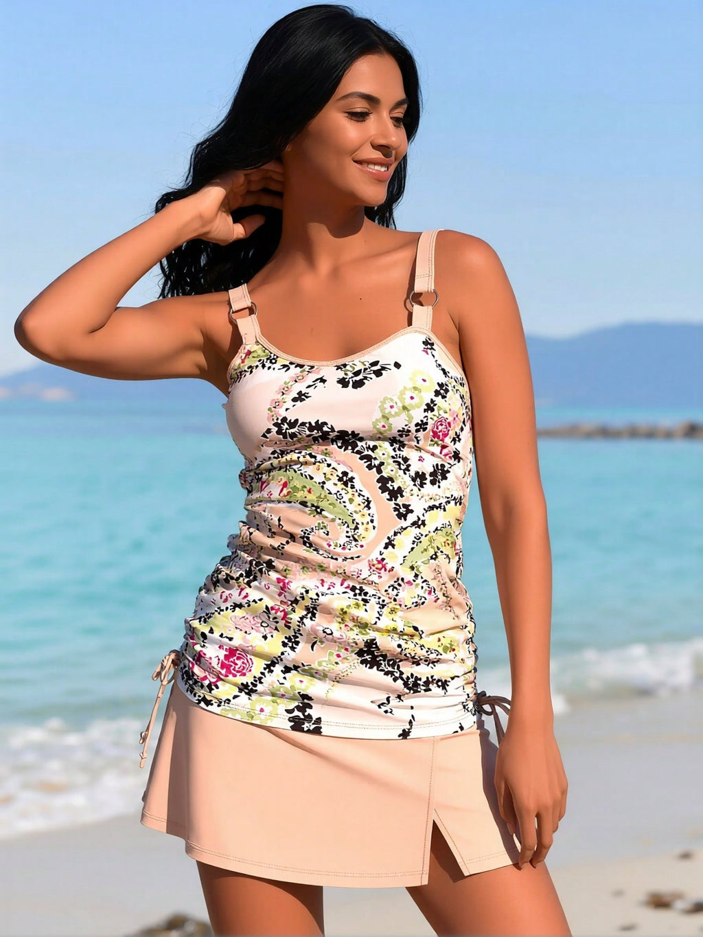 2026 New Paisley Floral Tankini Set Women's Light Pink Printed Cami Top + Split Skirted Bottoms for Beach Vacation, Modest & Slim Fit