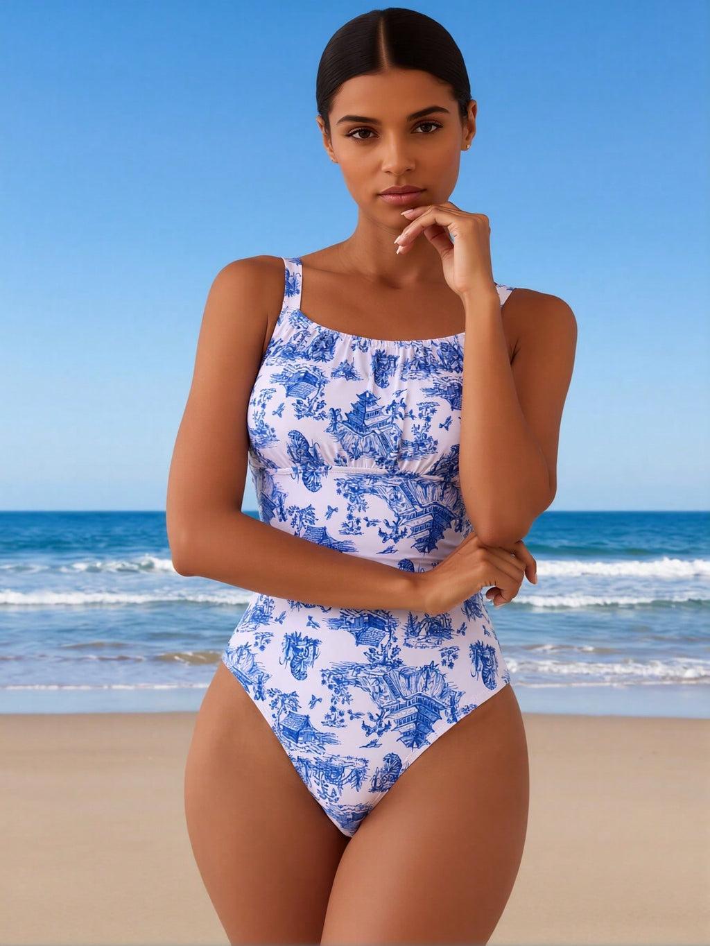 2026 New Women's One-Piece Swimsuit: Blue Toile de Jouy Print, Square Neck, Ruched Bust, High-Cut Legs, French Retro Beach Style