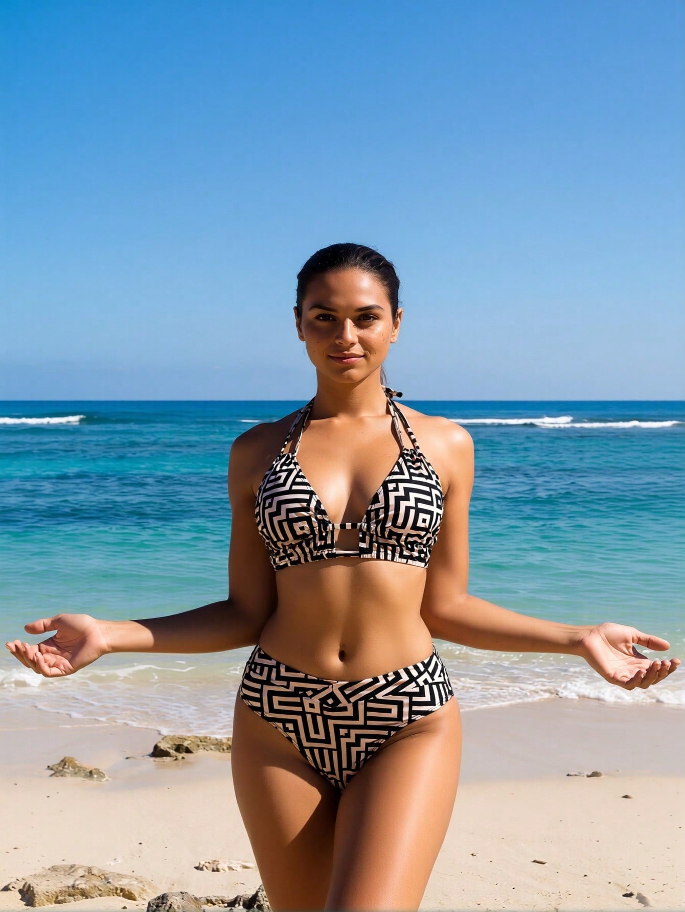 2026 New Geometric Maze Print Bikini Set Women's Halter Cutout High-Waisted Two-Piece Swimsuit For Beach Vacation, Sexy & Flattering