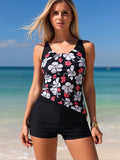 2026 New Women's Tankini Set: Black with Red & White Hibiscus Print, Ruched Tank Top, Built-in Shorts, Modest Tropical Beach Style
