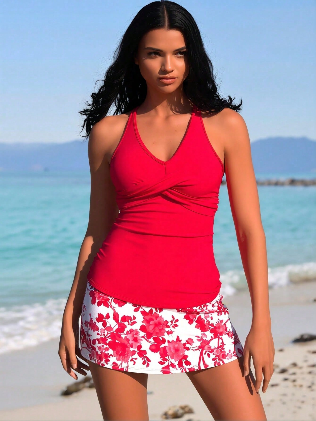 2026 New Women's Red Halter Tankini Set with Floral Print Skirt - Modest Two-Piece Swimsuit