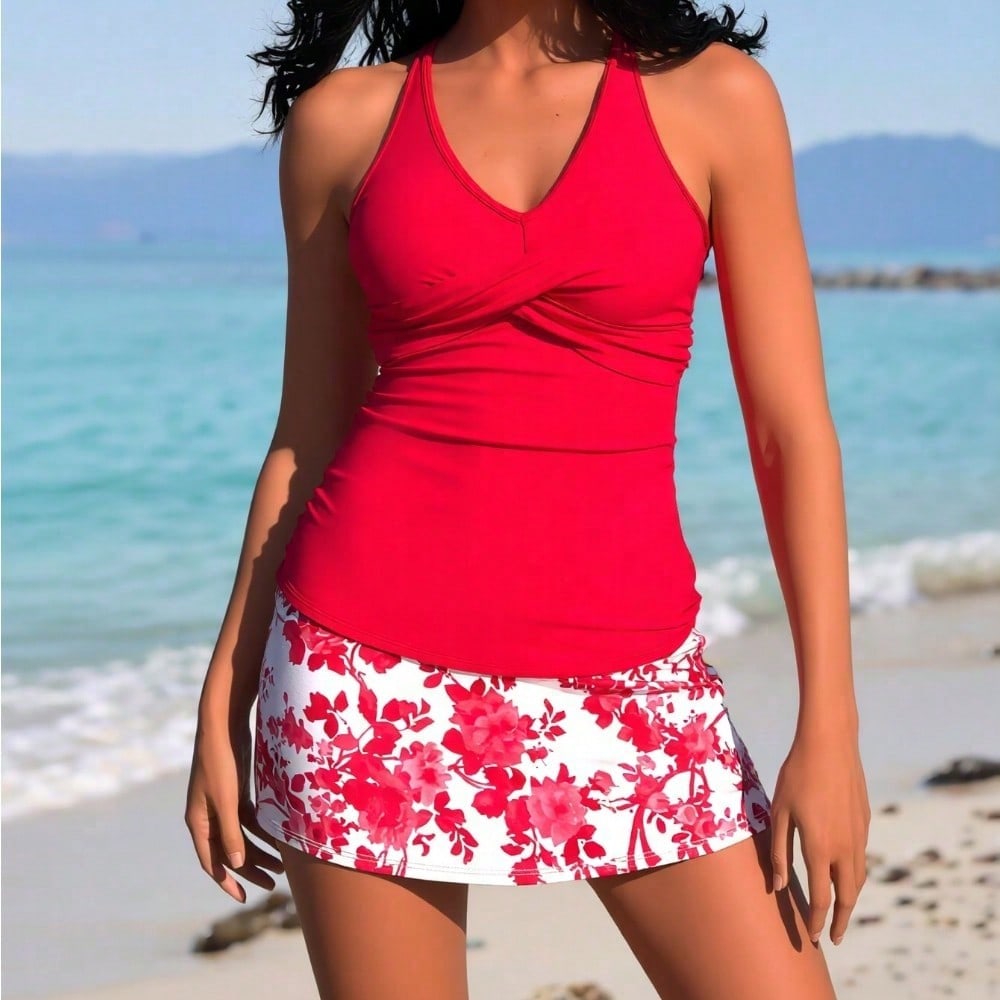 2026 New Women's Red Halter Tankini Set with Floral Print Skirt - Modest Two-Piece Swimsuit