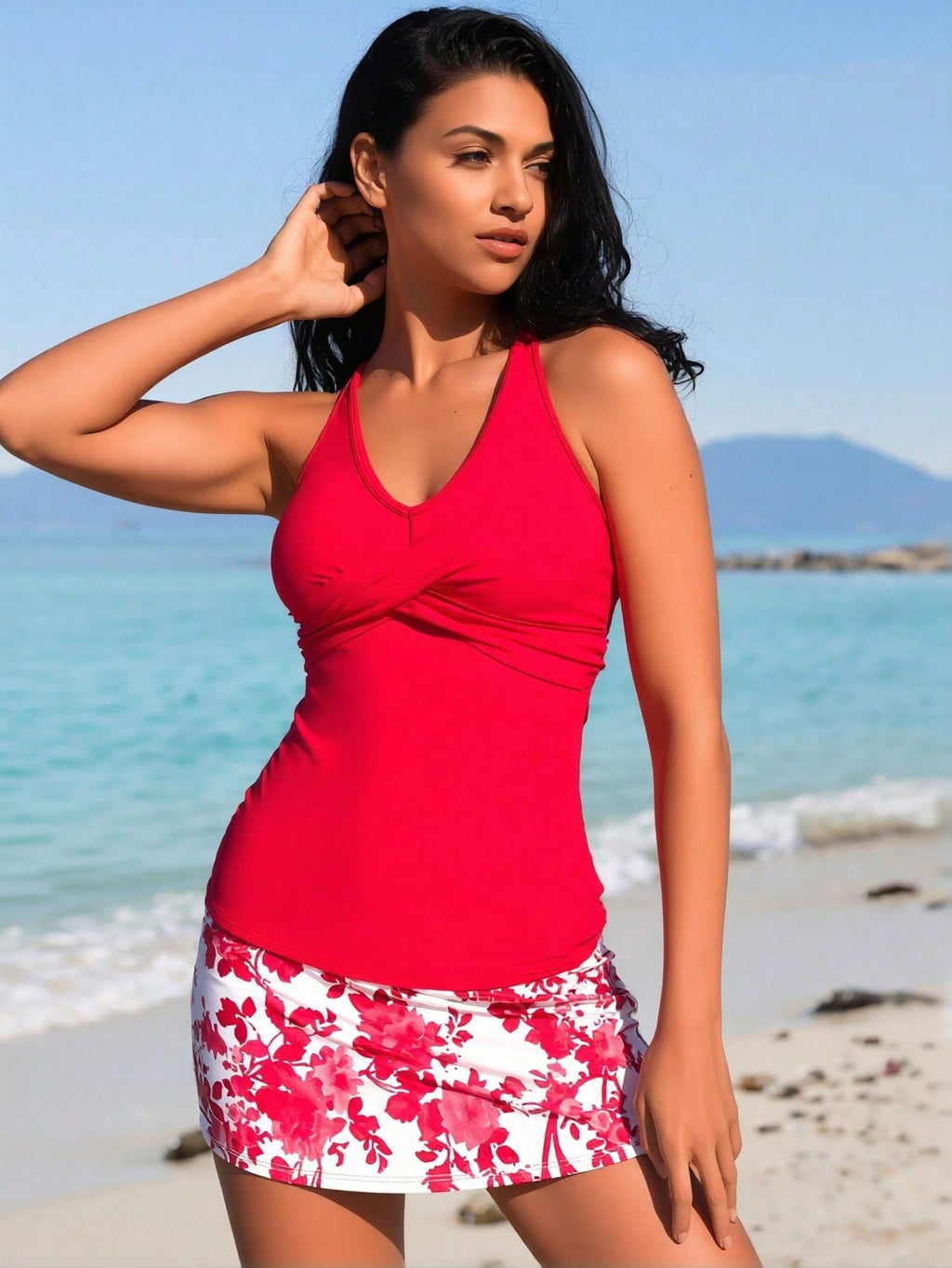 2026 New Women's Red Halter Tankini Set with Floral Print Skirt - Modest Two-Piece Swimsuit