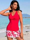 2026 New Women's Red Halter Tankini Set with Floral Print Skirt - Modest Two-Piece Swimsuit