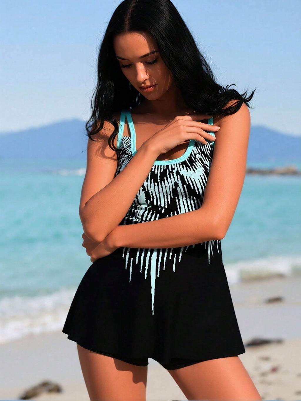 2026 New Women's Black and Light Blue Abstract Print Swimdress with Attached Briefs - Modest Two-Piece Swimsuit