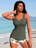 2026 New Women's Olive Green V-Neck Tankini Set With Palm Tree Print Shorts - Modest Two-Piece Swimsuit