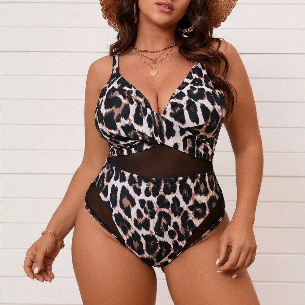 2026 New Plus Size Leopard Print One-Piece Swimsuit, Deep V Spaghetti Strap Mesh Panel, European Style Beach Swimwear