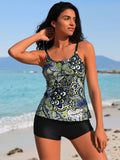 2026 New Women's Tankini Set, Vibrant Abstract Print Swim Top and Black Boyshort Bottoms, Quick Dry Beachwear