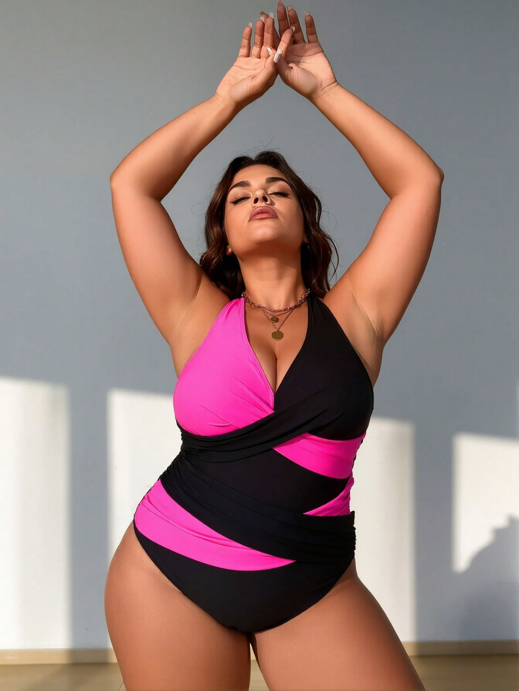 2026 New Plus Size Black & Pink Color Block One-Piece Swimsuit, Halter Deep V, Ruched Waist Beach Swimwear