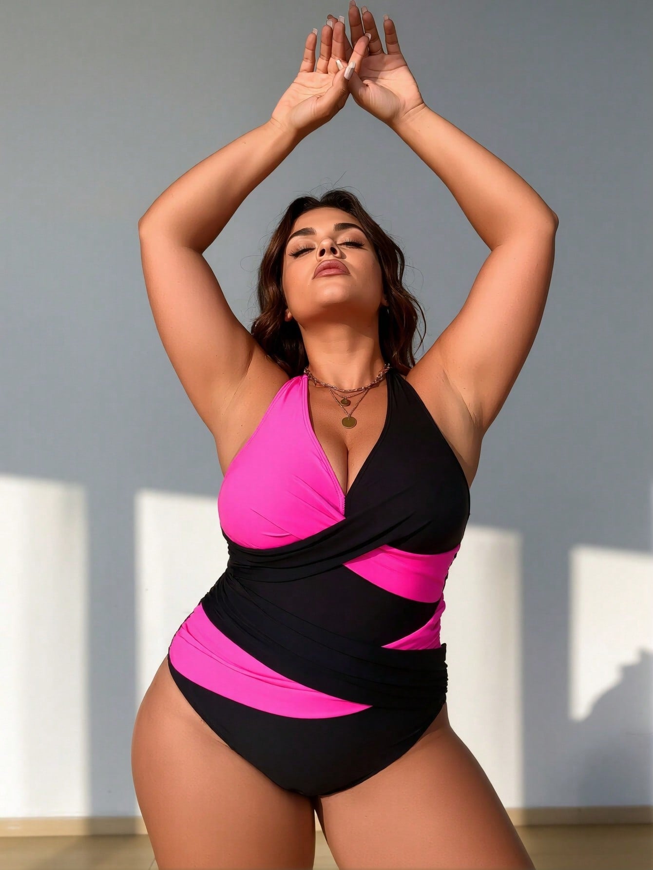 2026 New Plus Size Black & Pink Color Block One-Piece Swimsuit, Halter Deep V, Ruched Waist Beach Swimwear