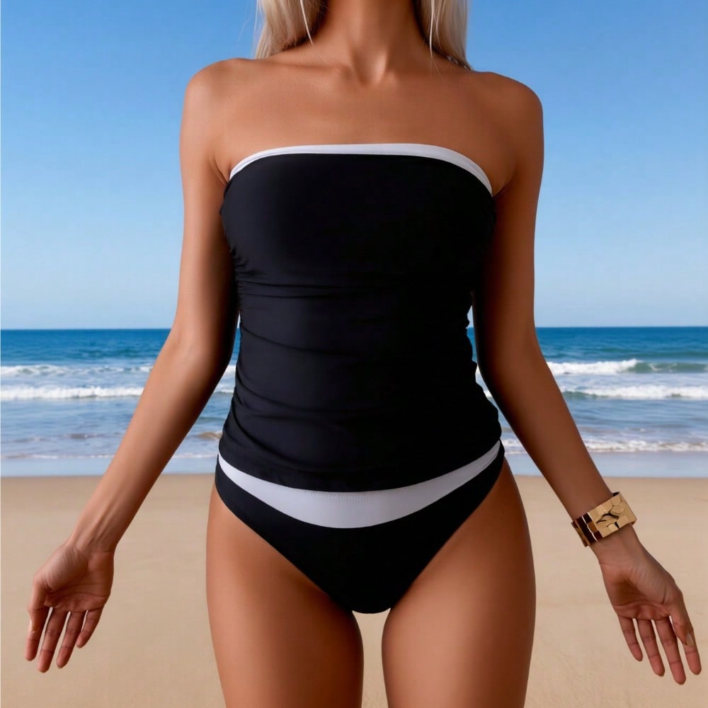 2026 New Black & White Color Block Tankini Set Women's Strapless Ruched Top + Color Block Briefs for Beach Vacation, Modest & Slim Fit