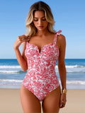 2026 New Women's One-Piece Swimsuit: Red & White Paisley Print, Sweetheart V-Neck, Bow Tie Shoulder Straps, High-Cut Legs, Retro Chic Beach Style